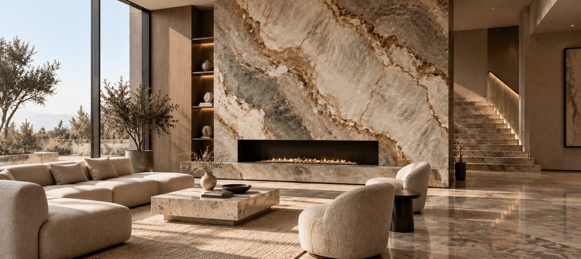 Natural stone architectural surface with organic veining