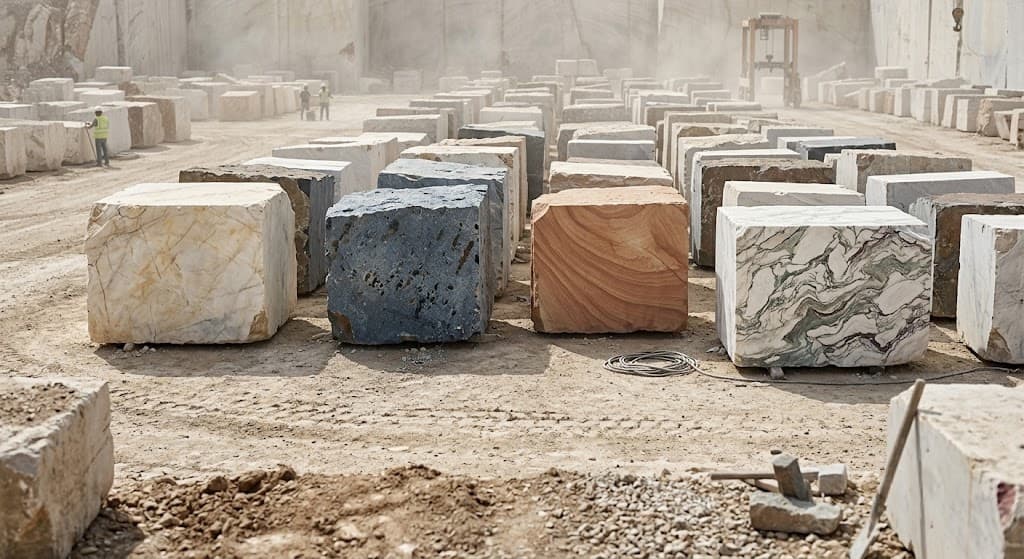 Extracted raw natural stone block selection